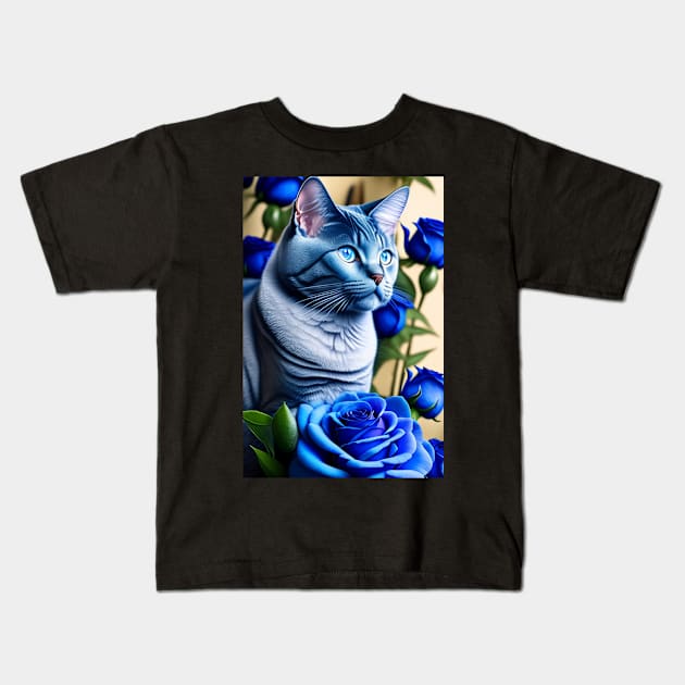 Fine Art Print Featuring a Beautiful British Shorthair and Blue Rose Kids T-Shirt by Enchanted Reverie